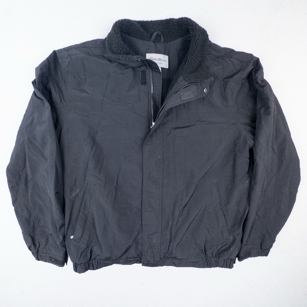 Eddie Bauer Black Nylon Bomber Jacket Sherpa Lined Mens Large Tall Winter Coat